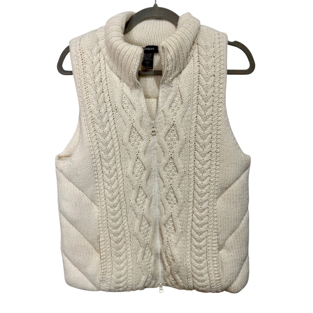 Express Cream Cable‎ Knit Puffer Vest Wool Blend Mock Neck Zip Up Womens Large